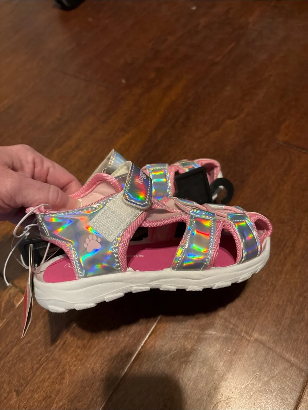 Rugged Bear Pink Holographic Girls' Fisherman Sandals Hook & Loop‎ Comfort